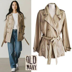Old Navy Natural Linen Cotton Double Breasted Belted Short Trench Coat Jacket L